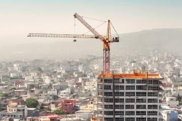 Construction site with cranes. Video. Construction workers are building. Aerial view