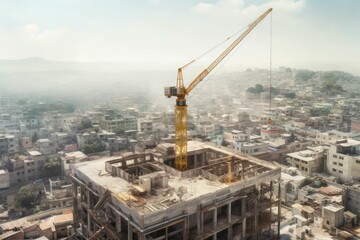 Construction site with cranes. Video. Construction workers are building. Aerial view