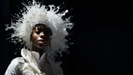 Model Frau in designer Kleidung und Kopfschmuck in weiß futuristisch Nahaufnahme, ai generativ