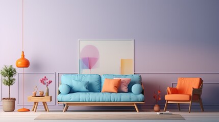 Interior Modern Design of a Living Room with Light Walls and a Colorful Sofa.