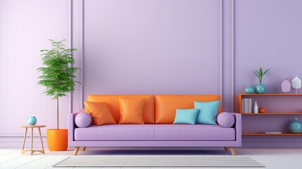 Interior Modern Design of a Living Room with Light Walls and a Colorful Sofa.