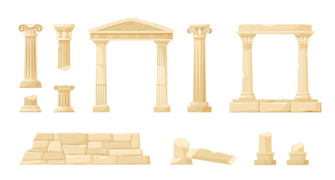 Greek columns set. prehistoric antique broken Greek columns, ancient roman pillar, vintage buildings, ancient architecture. vector graphics.
