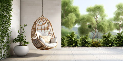 Relaxing Rattan Sofa In The Garden 3D Mockup photo frame in Modern interior of living room NAARU SINGLE SEATER HANGING SWING WITH STAND FOR BALCONY , GARDEN (DARK GREY) BRAIDED & ROPE