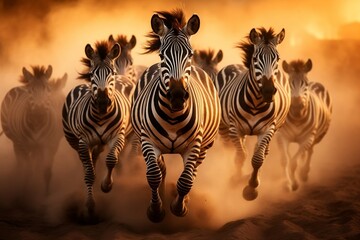 Zebra Herd Galloping through a Dusty Expanse. Generative AI