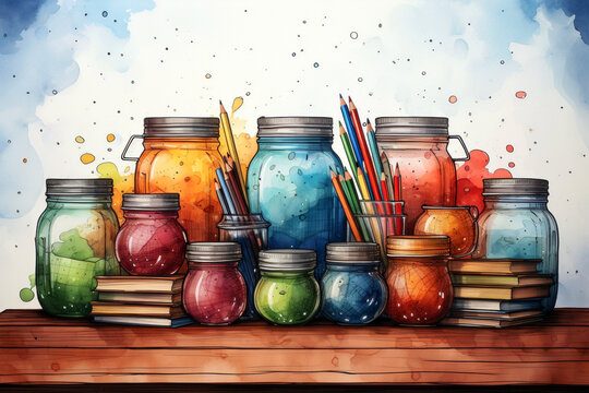 Colorful jars with paint and pencils on wooden table. Watercolor drawing