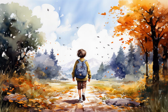 Boy walking in autumn park. Watercolor illustration for your design