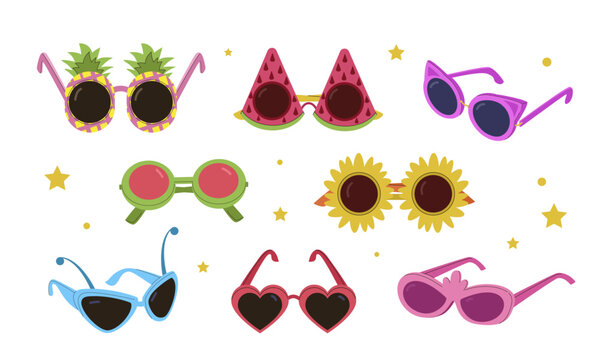 party sunglasses set. cartoon carnival decorative holiday masquerade sunglasses set of isolated objects. vector cartoon items.