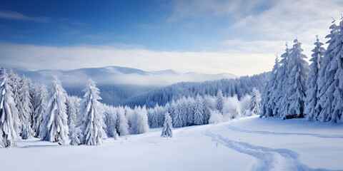 Fototapeta na wymiar Pristine snowscape with pine trees and blue sky Beautiful winter landscape with snow-covered trees and blue sky