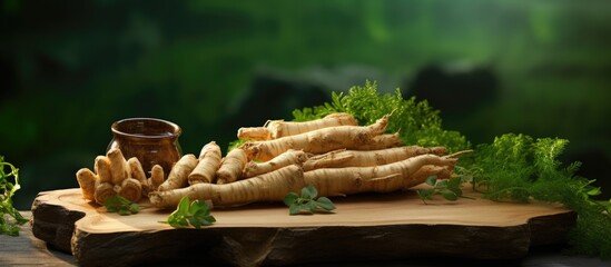 Ginseng roots and slices are placed on a rectangular wooden plate against a natural background