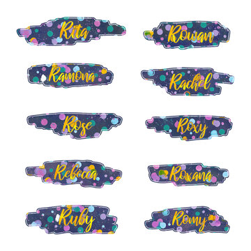 girl names that start with letter R, printable, labels, stickers with artsy background, isolated, extracted, png file