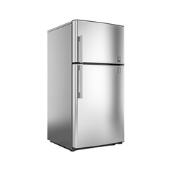 Stainless steel top freezer fridge isolated on white backround.
