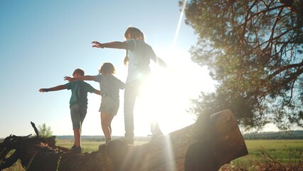 children playing in the park. small children walk on fallen log in a forest park in a children...