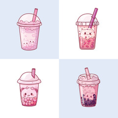 Bubble tea cup design collection, Pearl milk tea, Taiwan milk tea,Yummy drinks, coffees and soft drinks with doodle style set. - Vector