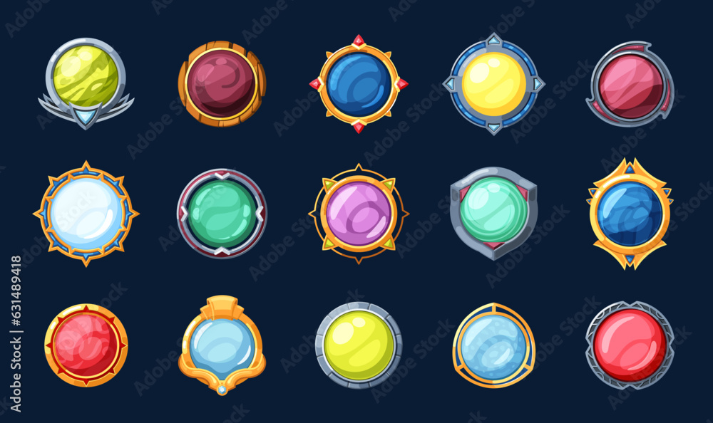 Wall mural magic circle buttons set. different colored and shaped shiny metal bulbs, ui arcade game assets, men