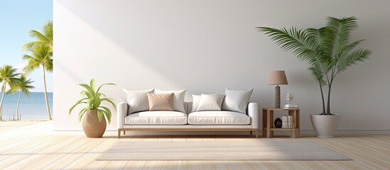 A 3D rendering of a living room with a white interior. The room features a sofa, armchair, shelf