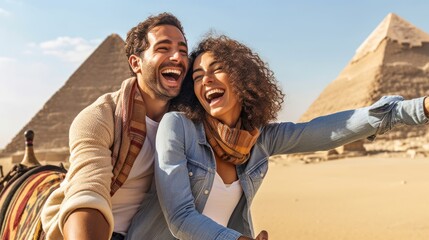 Happy young couple taking selfie in front of egyptian pyramids