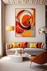 Beautiful Interior Design of a Colorful Orange and Yellow Living Room. High Contrast Colors.