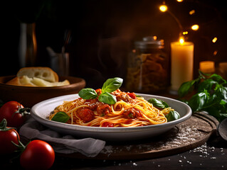 Plate of spaghetti al sugo on a beautiful table restaurant