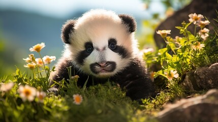 A Huge Panda seat on the Grass looking at the Camera.