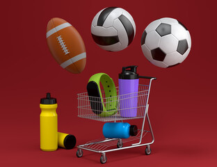 Sport equipment like sport shaker for protein drink in shopping cart on red
