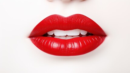 Obraz premium A Macro Shot of the Red Lips of a Beautiful White Girl on a White Background.