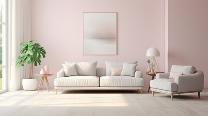 Fototapeta na wymiar Interior Modern Design of a Living Room with Light Walls and a Colorful Sofa.