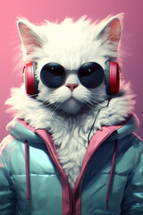 Adorable fantasy bossy cat with glasses and headphones. Blue pink and white colors. High quality photo