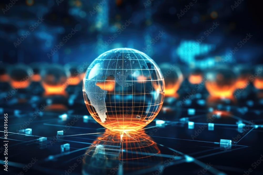 Poster Glass global with network on keyboard and web fiber optic