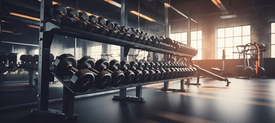 Gym interior background of dumbbells on rack in fitness and workout room