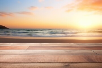 Fototapeta na wymiar Wooden table top on blurred beach background