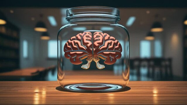 A preserved human brain in a glass jar