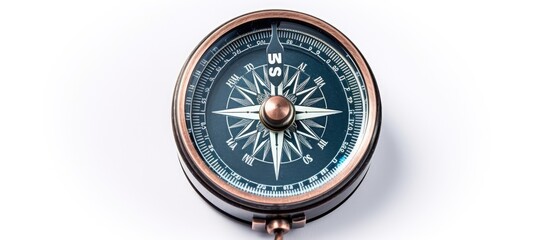 Closeup of a compass on a white background. Used for travel, geography, and navigation. empty