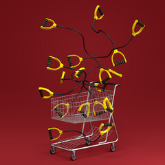 Sport equipment like rope for fitness in shopping cart on red