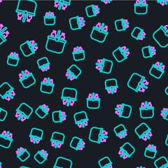 Line Cooler bag and water icon isolated seamless pattern on black background. Portable freezer bag. Handheld refrigerator. Vector Illustration