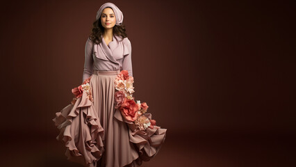 Hübsche Frau präsentiert moderne Retro Folklore Mode mit Kopfbedeckung im verspielten Stil, ai generativ