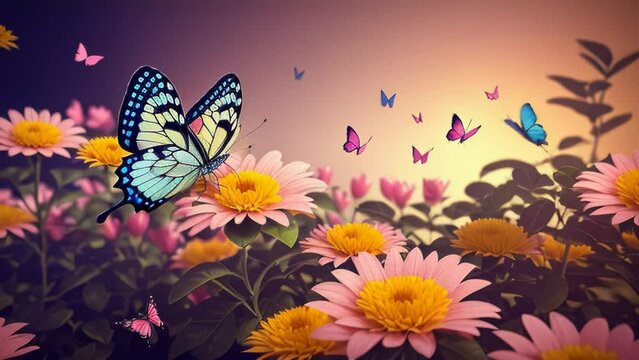 A butterfly gracefully soaring over a vibrant field of blooming flowers