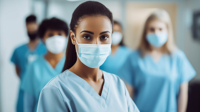 Medical staff in a hospital wearing masks, a confident nurse or doctor looks into the camera with a command behind her back