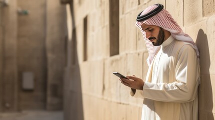 Arab man in sunshine by a wall, checking mobile banking app on his phone.