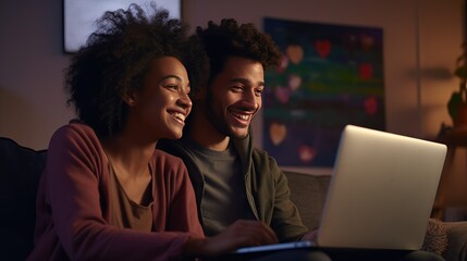 Black couple in cozy apartment, applying for personal loan or first mortgage.