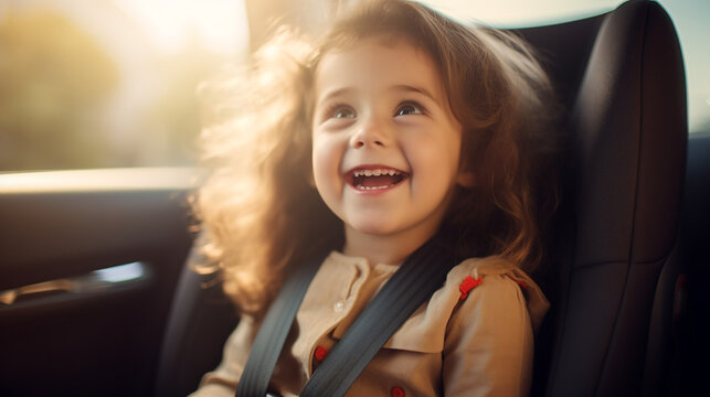 Happy girl in a child car seat wearing a seatbelt while traveling by car