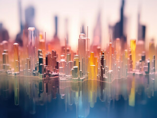 The silhouette of the city is made of colored glass, abstract.