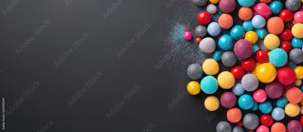 Poster a horizontal banner with copy space featuring colorful candy balls on a gray and black paper