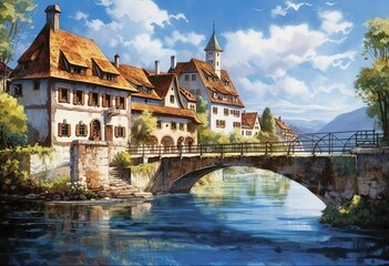 Fototapeta premium View of river and bridge of old european town