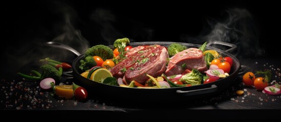 Gourmet cooked meats and vegetables are placed in frying pans with seasoning and garnishes on
