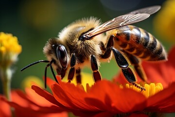 Bee Resting on a Crimson Blossom. Generative AI