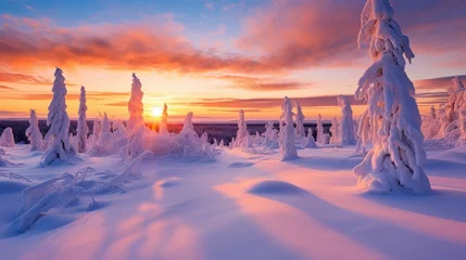 Foto auf Alu-Dibond Snowy landscape at sunset, frozen trees in winter in Saariselka, Lapland, Finland Generative AI © Suleyman