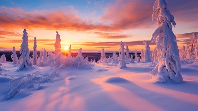 Snowy landscape at sunset, frozen trees in winter in Saariselka, Lapland, Finland Generative AI