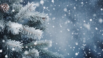 Fototapeta na wymiar Winter Holiday Evergreen Christmas Tree Pine Branches Covered With Snow and Falling Snowflakes Generative AI