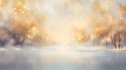 Gartenposter Beige Abstract magic winter landscape with snow and golden bokeh lights Generative AI