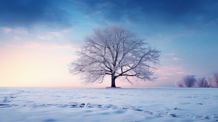 Fototapeta na wymiar Beautiful tree in winter landscape in late evening in snowfall Generative AI